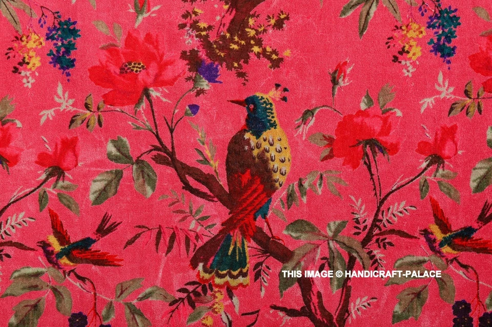 Luxury Soft Velvet Bird Print Fabric Indian Dress Sewing Upholstery Pink Fabric - Image 1 of 3