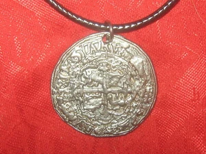 NOVELTY SILVER TONE PIRATE SPANISH ESCUDO COIN CROSS PENDANT CHARM NECKLACE - Picture 1 of 2