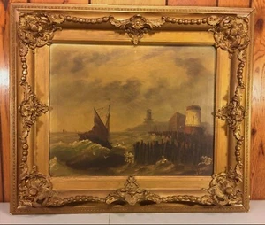 Ant LeVitt Pintura al Óleo Escena Marina Barco con Faro en Marco de Madera Firmado - Imagen 1 de 12