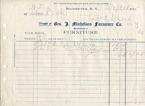 1907 Billhead George F. Michelsen Furniture Co. Manufacturers Rochester New York - Bild 1 von 1