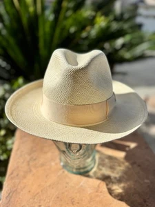 Borsalino Natural Wide Brim Panama Cuenca Straw Hat w/ Tonal Grosgrain Band - Picture 1 of 3