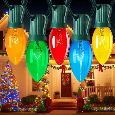 C9 Bulb String Lights Outdoor 50 Feet Multicolored Christmas Lights Green Wire f - Image 1 of 4