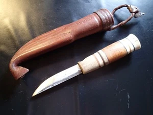 VINTAGE KNIFE w HORN / BIRCH BARK HANDLE & SHEATH SAMI PEOPLE FINLAND FINNISH - Picture 1 of 11