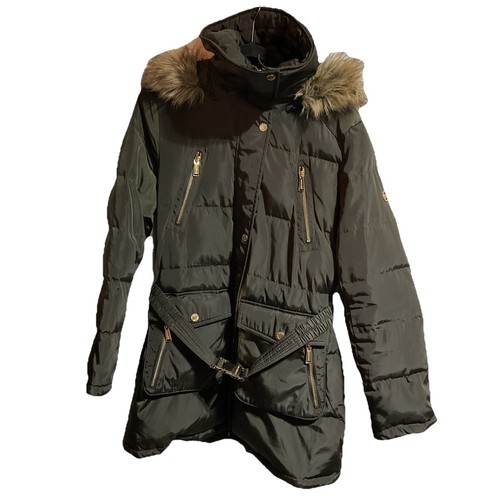 Parka donna Michael Kors piumino pelliccia sintetica cappuccio puffer trapuntato cappotto cintura taglia L