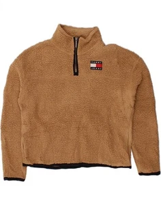 TOMMY HILFIGER Womens Zip Neck Fleece Jumper UK 14 Medium Brown Polyester HZ15 - Picture 1 of 3