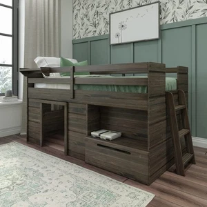 Loft Bed Twin Size, Solid Wood Low Loft Bed with Storage Drawer and Ladder, M... - Picture 1 of 6