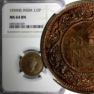India-British George VI 1939 (B) 1/2 Pice NGC MS64 BN TOP GRADED KM# 528 (029) - Picture 1 of 5