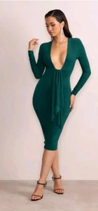 CLUB LONDON BOTTLE GREEN PLUNGE NECK RUCHED LONG SLEEVE MIDI DRESS SIZE 8 BNWT - Picture 1 of 17