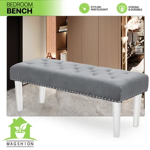 Asiento otomano mechonado con botones de microfibra banco madera acrílica - Imagen 1 de 19