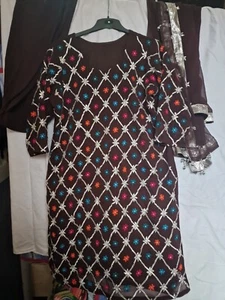 Gorgeous Party Fancy Dress 3 PC Shalwar kameez dubata in brown - Picture 1 of 5