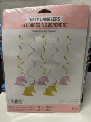Unicorn Sparkle 5 Ct Foil Dizzy Danglers Pink and Gold Party Decorations New!!! - Image 1 of 2