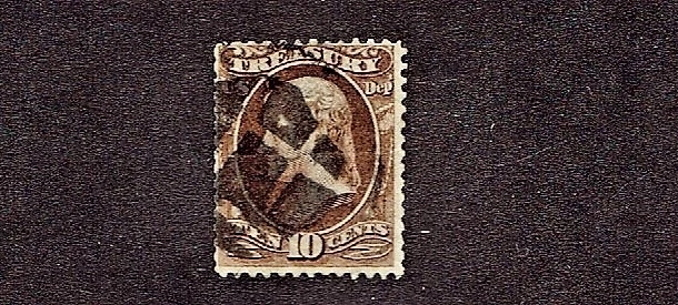 1873 U.S. CLASSIC Official TREASURY 10c Brn JEFFERSON Sc#O77 Used FANCY CANCEL - Image 1 of 1