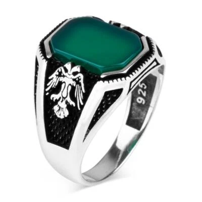 925 Sterling Silver Double Headed Eagle Design Green Agate Stone Men Ring - Image 1 of 4