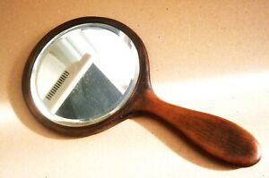 V72) Vintage Antique round wooden framed hand held beveled cosmetic mirror
