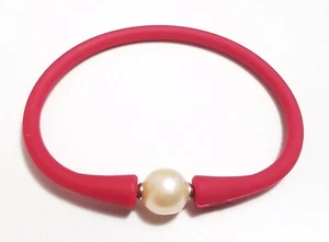 Unisex Red Silicon Rubber Bracelet Pink Pearl Stainless Steel Post 7.5" - Picture 1 of 5