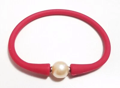 Pulsera Unisex Rojo Silicona Goma Rosa Perla Acero Inoxidable Poste 7.5" Foto 1 de 4