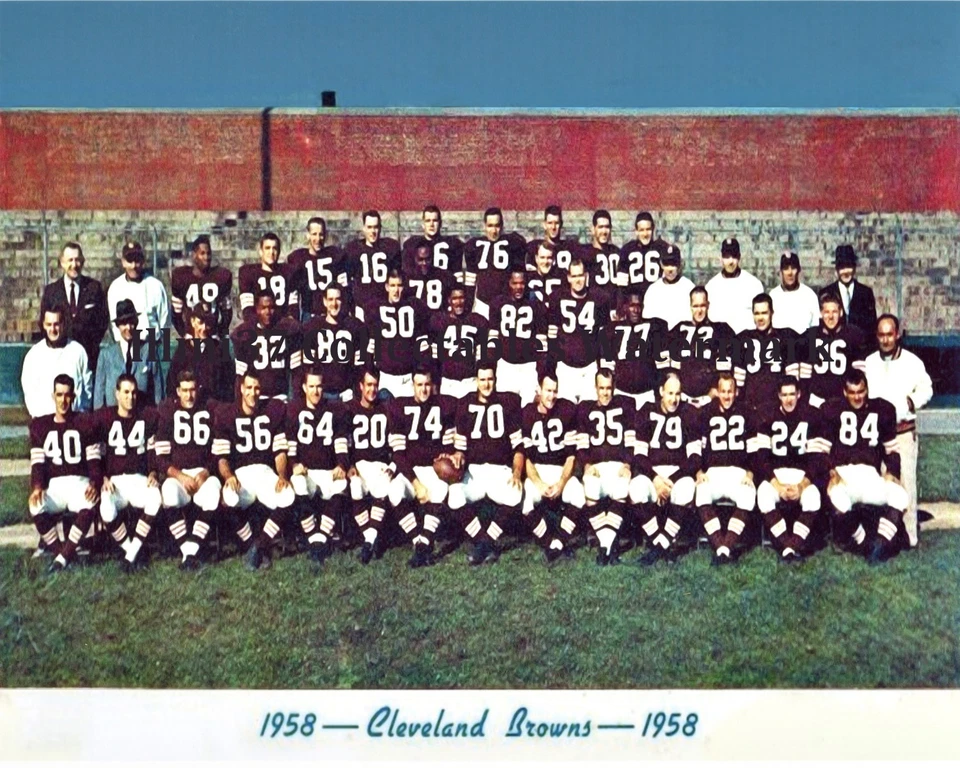 Foto de fútbol del equipo Cleveland Browns 1958 8x10 Jim Brown Bobby Mitchell Groza Foto 1 de 1