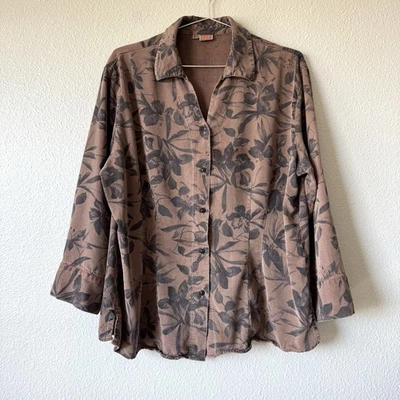 Vintage Tianello Shirt Womens 0X Brown Floral Print Office Career Mature Blouse - Image 1 of 4