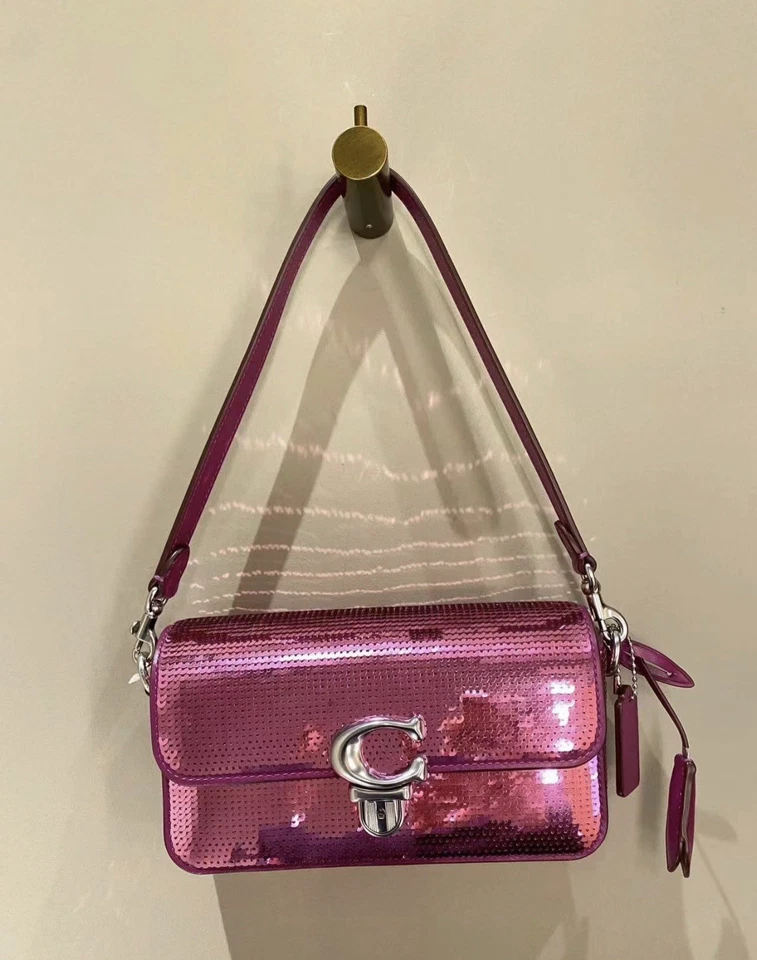 Coach CM428 Studio Baguette 20 Shoulder Bag Crossbody Sequins Leather-Pink