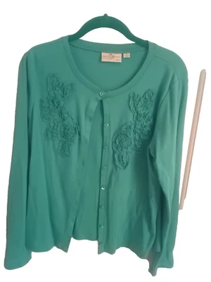 Studio Works Petite green sweater floral accent PL cotton long sleeve button up - Image 1 of 4