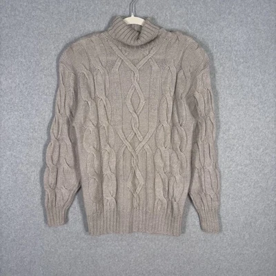 Suéter De Colección Años 80 Medio Tostado Cable Tejido Cuello Alto Pescador Mohair Lana Neutro Foto 1 de 4