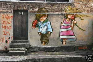 arte callejero amor corazón niño niña niños flores amantes pintura impresión original - Imagen 1 de 3