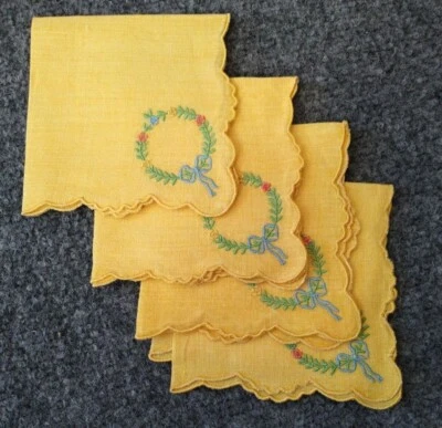 Set of 4 Handkerchief - Bright Yellow, Embroidered Floral Wreath Pink Blue Green - Image 1 of 4