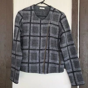 Joie Large ? Moto Jacket Etesse Wool Blend Gray Plaid Zip Neutral Classic Preppy - Picture 1 of 6