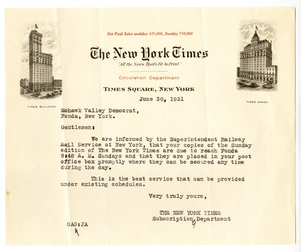 1931 New York Times letter re: Railway Mail Service - Image 1 of 1