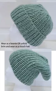 New Slouch / Beanie Hat - Light Green - Ribbed Pat Wool Blend Handmade Hand Knit - Picture 1 of 9