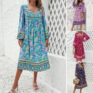 Boho Maxi Midi Dress Long Sleeve Cotton Floral Bohemian Hippie Gypsy Ethnic Fall - Picture 1 of 15