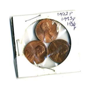 Lot 3 Lincoln Memorial Pennies - 1986 P, 1992 P, 1993 P - Picture 1 of 2