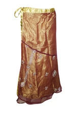 Boho Golden Sequin Sari Silk 2 Layer Reversible Magic Wrap Around Long Skirts