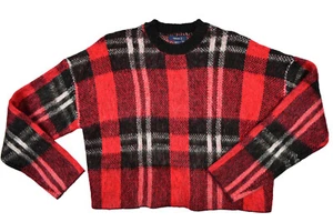 Women's Forever 21 Plaid Fuzzy Cropped Sweater Size S Red Black NWT - Picture 1 of 13