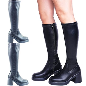 WOMENS CHUNKY MID LOW BLOCK HEEL INSIDE ZIP KNEE HIGH RIDING BOOTS SHOES SIZE - Picture 1 of 4