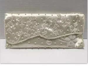Vintage Ivory SATIN BEADED CLUTCH Bag Purse Sharonee Japan 9.5” X 4.5” ELEGANT! - Picture 1 of 11