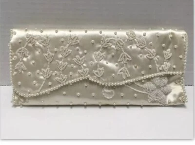 Bolso de mano vintage marfil satinado con cuentas Sharonee Japón 9,5” X 4,5” ¡ELEGANTE! Foto 1 de 4