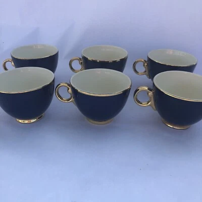 Juego de 6 tazas de té Taylor Smith Taylor Golden Wheat azul cobalto borde dorado MCM A1 Foto 1 de 4