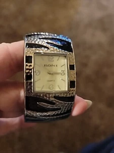 Elgin Armreif Armband Bicolor Silber Schwarz Damenuhr Zebra Print - Bild 1 von 3