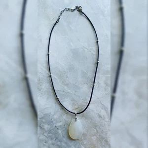 Vintage Necklace White Jade Pendant Sterling Silver Beads On Black Leather Cord - Picture 1 of 5