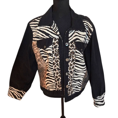 New Identity Women's Black Animal Print Trim Cotton Blend Button Jacket Large - Image 1 of 4