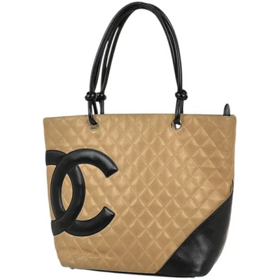Bolsa tote Chanel Cambon Line ombro couro bege preta feminina usada - Imagem 1 de 4