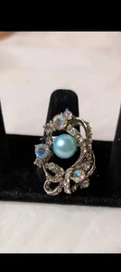 Statement Ring Faux Blue Pearl And Rhinestones. Adjustable Size Band. - Picture 1 of 4