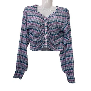 Urban Outfitters Y2K Mesh Cropped Ruched Button Up Top Womens Medium Purple Blue - Picture 1 of 13