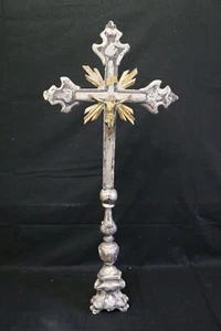 antico crocifisso barocco legno argentato bronzo dorato altare XVIII secolo 1700 - Foto 1 di 24