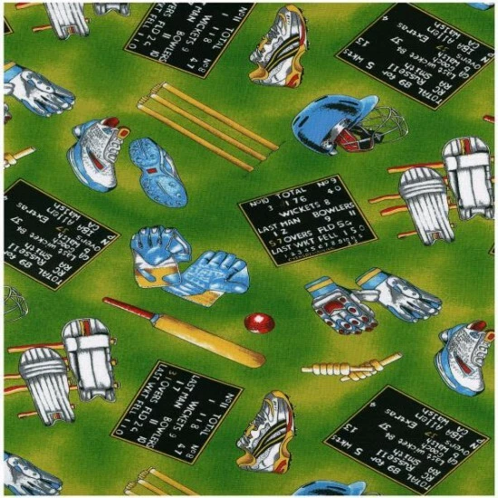 Fat Quarter Howzat Cricket Equipment 100% Cotton Quilting Sewing Fabric