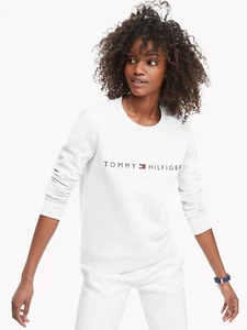 NEW Tommy Hilfiger white Essential Logo Sweatshirt women's long sleeve lounge S - Picture 1 of 7