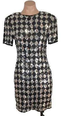 Vestido de fiesta vintage negro plateado lentejuelas 6 Nochevieja diamante a cuadros mini Foto 1 de 4