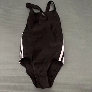 CHILDS ADIDAS 2XS BLACK/WHITE Stripe SWIMSUIT 5-6 Year Girls Swim One Piece - Picture 1 of 5