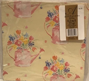 Vintage Gift Wrap Paper Flowers Watering Can Pastel Colors Yellow USA - Picture 1 of 2